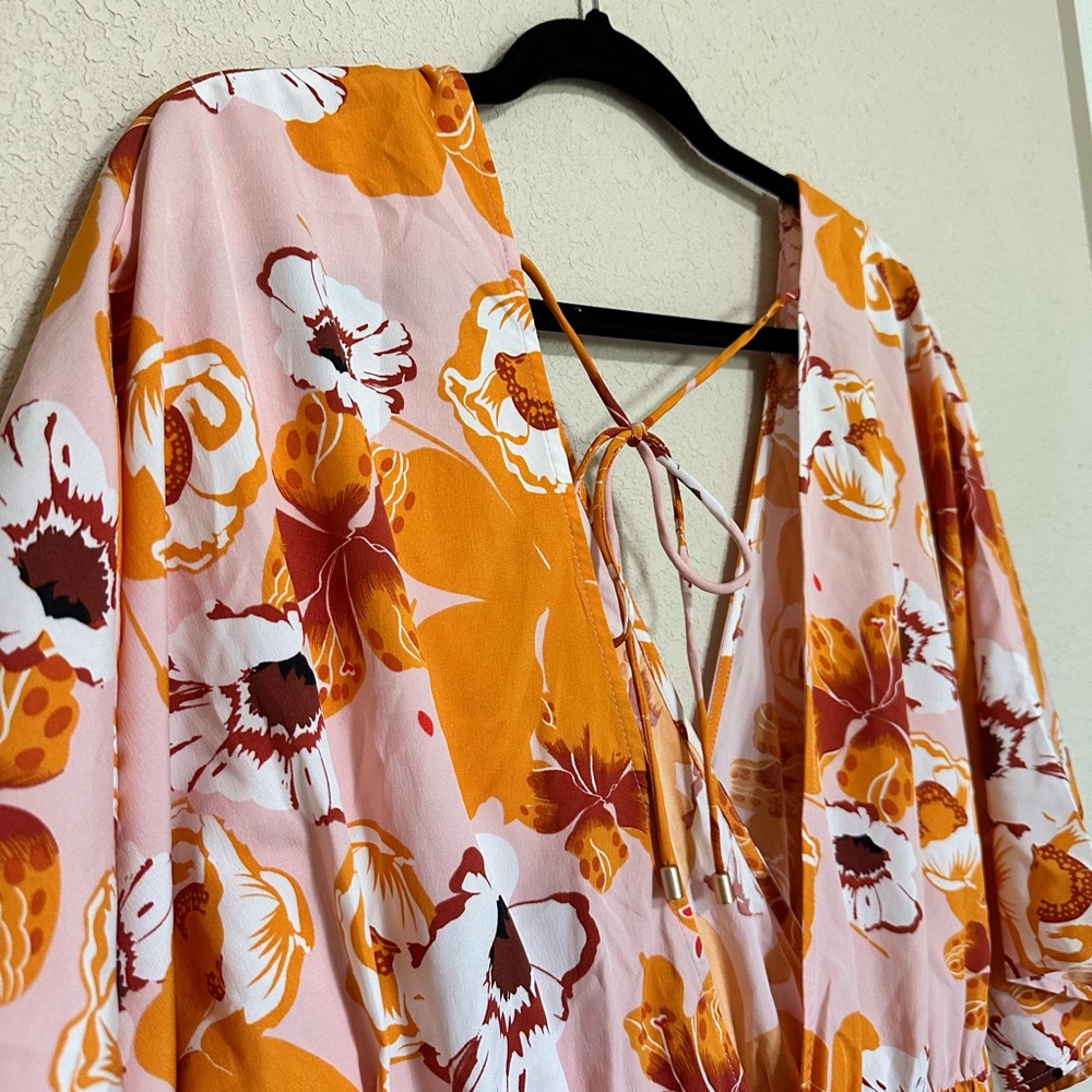 Hello Molly Pink and Orange Floral Romper Wrap Dress - Picture 9 of 11